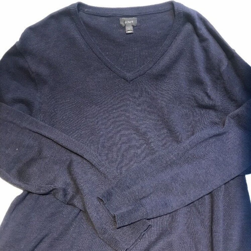 J Crew Men Sweater V Neck 100% Cotton Navy Blue L